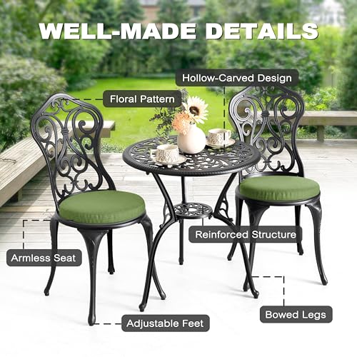 Image of NUU GARDEN Patio 3-Piece Bistro Set with Cushions, Patio Chairs and Outdoor Round Table with Umbrella Hole, Cast Aluminum Patio Set for Lawn, Garden, Porch, Poolside, Black