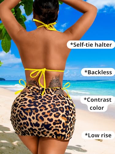 Image of ShawGobow Womens 3 Piece Leopard Bikini Set,Triangle String High Cut Thong Sexy Swimsuit & Coverup Skirt,Pool Party Outfit