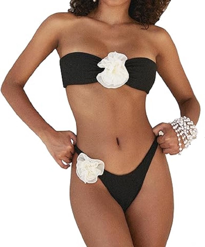 GenericWomen's 2 Piece Bandeau Swimsuits Floral Tie Side High Cut Low Rise Bikini Set Bathing Suit