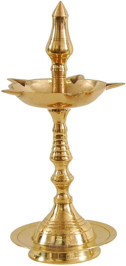 BrassLine (9INCHES) Regional Brass Kerela Fancy Diya Stand (Kuthu Vilakku) Lamp for Deepam Fancy Kerela Deepak Stand/Diwali Puja Lamp Golden