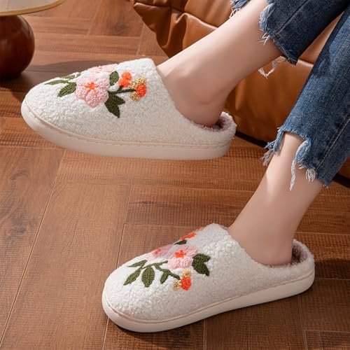 Slippers For Women Fuzzy, Women's House Slipper Cute Retro Embroidery Plush Memory Foam Slippers Warm Bedroom Couple Shoes Comfortable4