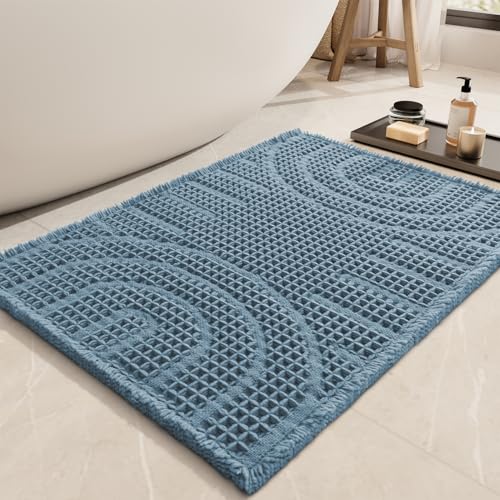AMOAMI Waffle Bath Mat Super Absorbent Bath Mats for Bathroom Non Silp Machine Washable Bathroom Mat Soft Bath Rugs with Tassels Front of Bathtub, Sink, Blue 17"x40" Blue 17" x 40"