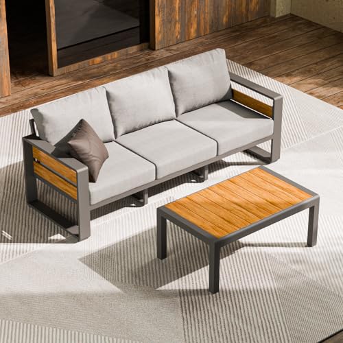 Image of ZANDOR Aluminum Outdoor Patio Furniture-3-Seat with Table,Dark Gray | Rustproof,High weight capacity,Water-repellent,Washable Cover,All-Weather Resistant,Easy clean,for Poolside Backyard Deck