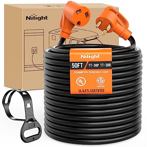 Image of Nilight 30 Amp 50FT RV Extension Cord 125V Heavy Duty 10 Gauge Pure Copper STW Wire UL ETL Listed 3 Prong TT-30P TT-30R 30F /30M Weatherproof Suit for Camper Caravan Trailer