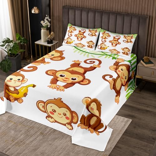 Manfei Cute Monkey Bedspread Queen Size, Cartoon Monkey Print Coverlet Set for Kids Boys Girls Bedroom Decor, Animal Theme Quilted Coverlet with 2 Pillowcases, Soft Polyester Bedding Quilt
