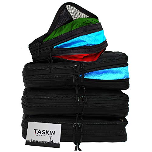 Compression Packing Cubes | Clean & Dirty Compartments w/Flexible Separator | New Patent Pending Anti-Snag-Zipper Construction | YKK Zippers (Black | Set of 4 | 2 L + 2 M)