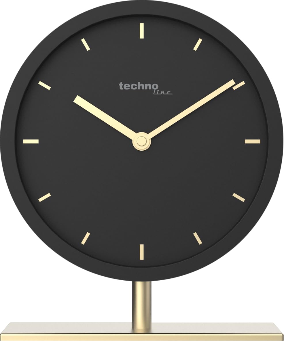Technoline Modell Gamma Quarzwecker | Analog | Schwarz-Gold | Design Tischuhr | Leise Quarzuhr | Batteriebetrieben | Moderne Standuhr | Dekouhr | Wohnzimmer | Schlafzimmer | Büro