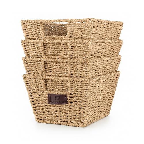 Straame Seagrass Storage Baskets Set of 4 - Handwoven Wicker Organisers with Handles Steel-Reinforced Frame Nesting Design - 30 x 22 x 15 cm Natural seagrass material for Shelves Bathroom and Home