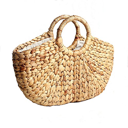 cheerfulus Bolso de playa de mujer tejida a mano Bolso de paja de semicírculo retro Bolso de picnic Bolso de playa de verano informal, grande