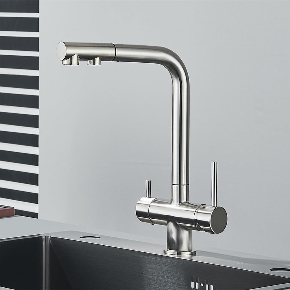 ZQFHSX Brushed Nickel Chrome PullOut Kitchen Faucet Dual Handle 3Way Filtered Drinking Water Mixer Tap Hot & Cold Purifin System