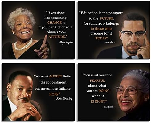 Black history,quote Malcolm X ,Martin Luther King,Maya Angelou,Rosa Parks Motivational language, Wall Art Prints classroom Studio Office Decor，set of 4, 8 X10 ins UNFRAMED04