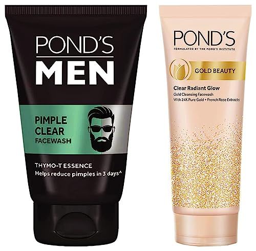 Image of POND'S Gold Beauty Gold Cleansing Face Wash, 24K Pure Gold, 100 g & Pond'S Men Pimple Clear Facewash Reduces Pimples In 3 Days, 100 G