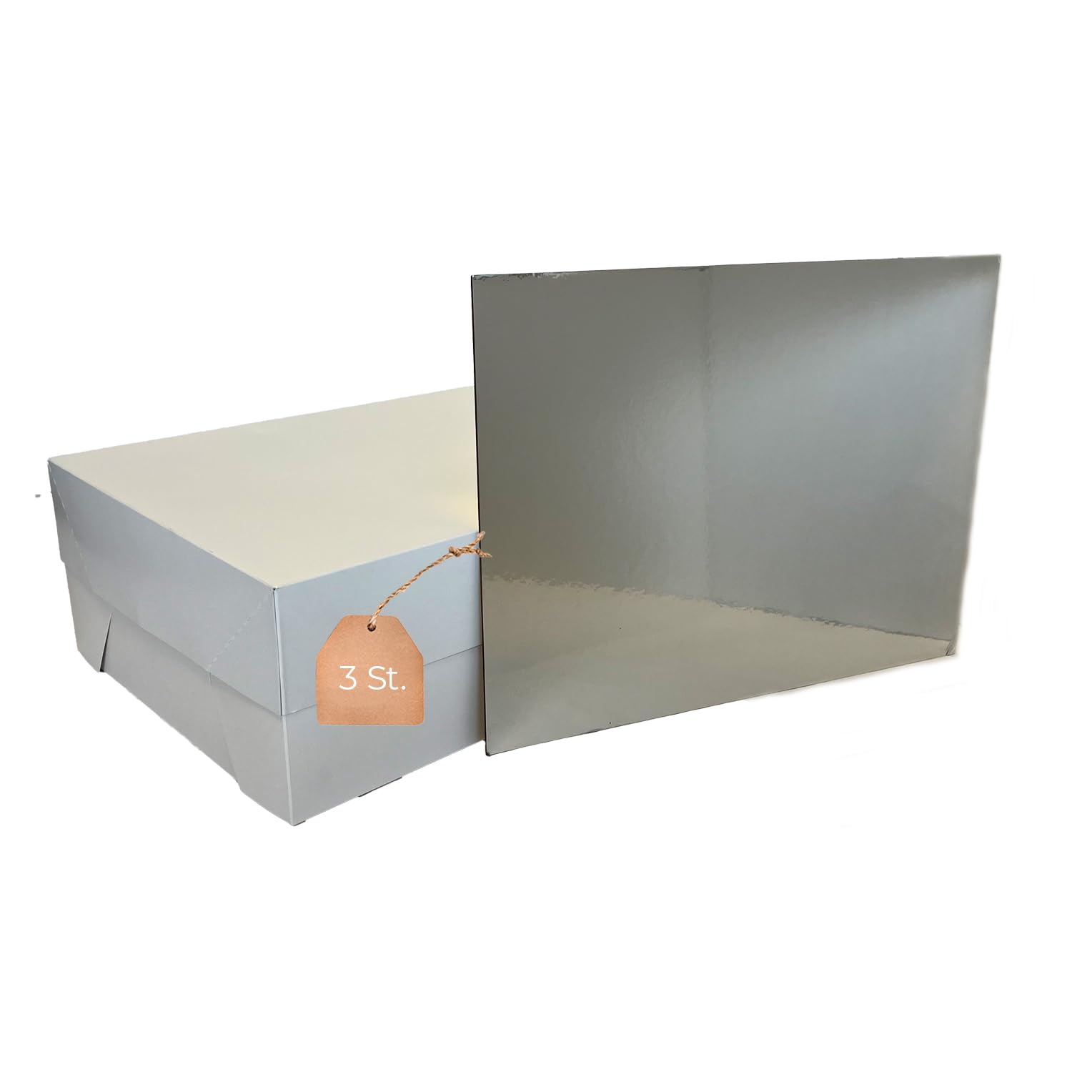 Lot de 3 boîtes à gâteau avec 3 planches à gâteau carrées assorties (30 x 40 x 15 cm) - Doré/argenté - Blanc