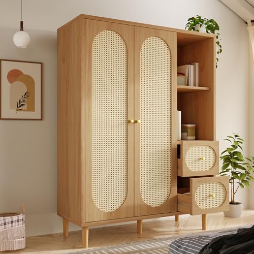 Zepneiy Armoire Chambre Adulte/Enfant en Chêne, Armoire de Rangement avec Penderie, Armoire en Rotin à 2 Portes avec 2 Tiroirs et étagères Ouvertes, Bois...