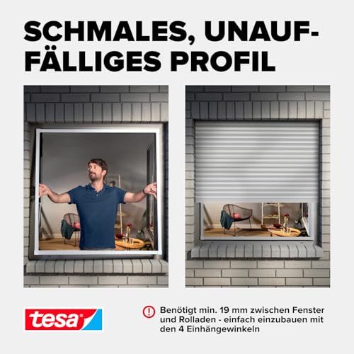 tesa Insect Stop FALT Fenster - Faltbarer Alu-Rahmen - Fliegengitter mit verstellbarem Teleskoprahmen – Rahmen in Weiß - 80 cm x 80 cm bis 140 cm x 140 cm