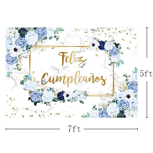 MEHOFOND 7x5ft Feliz cumpleaños Backdrop Blue and White Flowers Birthday Photography Background Girls Geometric Gold Glitter Dots Birthday Floral Party Decorations Cake Smash Decor Studio Photo Props by MEHOFOND - Used condition - Image 3