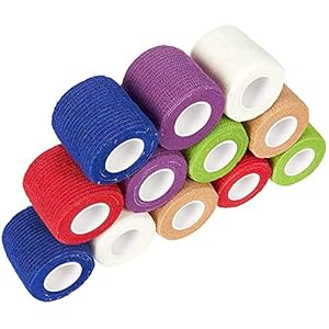 12 Pack Self Adherent Cohesive Bandages for Sports, Travel First Aid Kit, Vet Wrap for Horses, Dogs, 5 cm x 1.8 Metres, 6 Colours