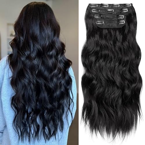 Cielo Hair 22 Inch Black Clip-In Hair Extensions, 4Pcs Synthetic Wavy Hairpieces, Heat Resistant Fiber, Thick & Soft Full Head Add Volume and Length for Women & Girls (1B Natural Black)