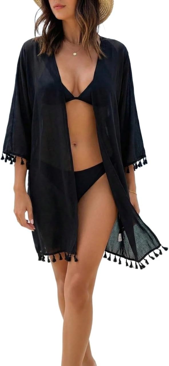 Women's Solid Color Sleeve Loose Kimono Cover Up cover ups for swimwear