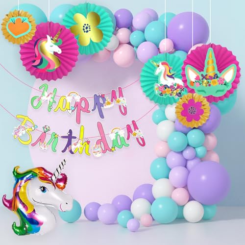 Image of Rozi Decoration Unicorn Theme Birthday Kit | 65-Piece Set with Hanging Paper Fans, Balloon Arch & Unicorn Decor | Happy Birthday Decorations for Girls (Multicolor)