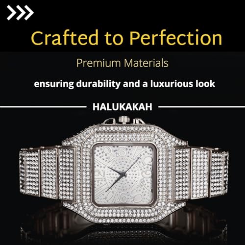 Image of Halukakah Diamonds Watch Iced Out for Boy Teens Kids - 18K Real Gold /Platinum Plated,Arabic Numerals Square Dial,Japanese Quartz - 7.3 inch Length - Optional with Cuban Link Chain - for Birthday,Parties