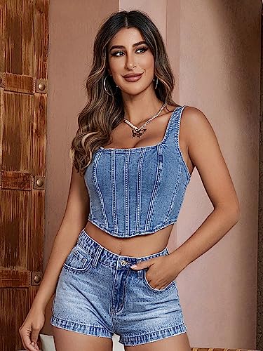 Image of Shasmi Girl's and Women's Blue Denim Crop Top, Square Neck, Sleeveless Corset Style Women Western Cotton Denim Bustier Vest Crop Top | Bralette Blouse | Sleeveless (Denim Top 158)