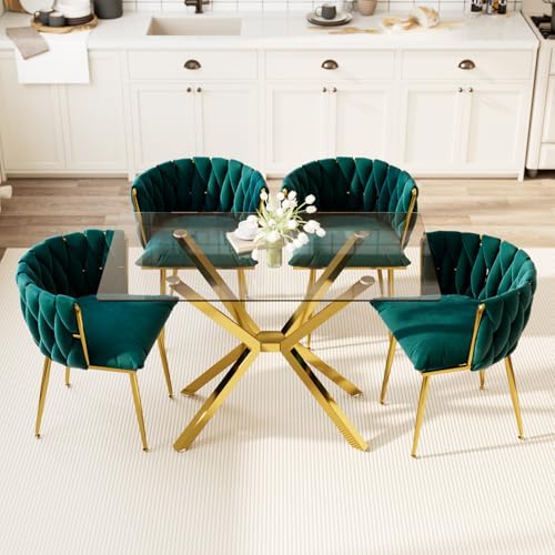 Image of Golden Glass Dining Table Set for 4 with 47.2 inch Rectangular Tempered Glass, 5 Pieces Kitchen Table Set with 4 Comfortable Velvet Chairs for Living Room, Apartments Small Place, Cafe (Green Chairs)