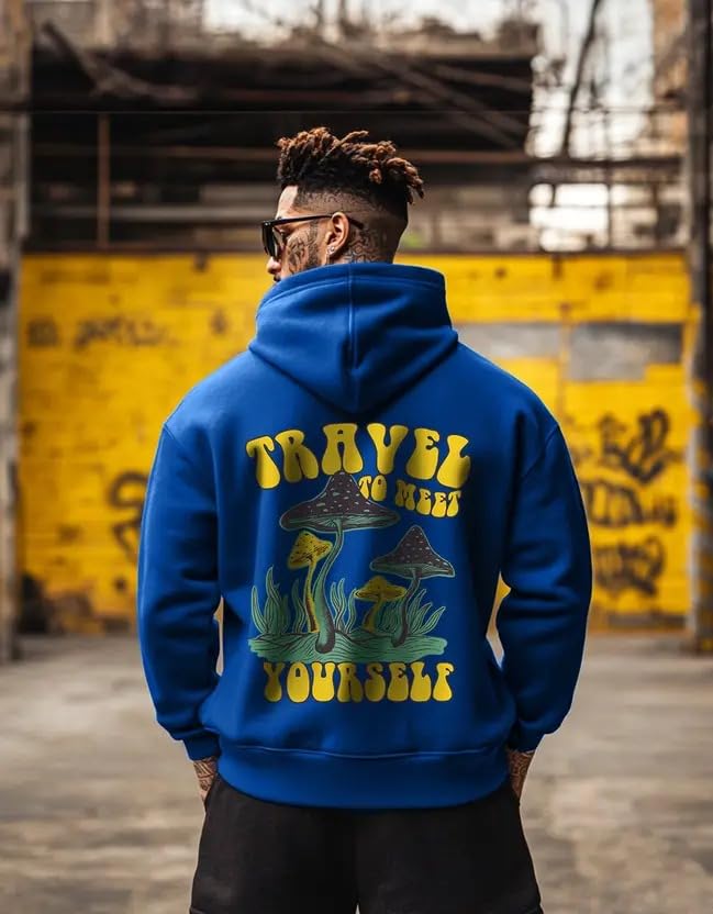 Image of Veirdo Cotton Fleece Regular Fit Hooded Sweatshirt Lastest Back Graphic Printed Winter Hoodies for Men (Available Colors: Marine Green, Marshmellow, Black, SOYA Bean, Orange & Blue)