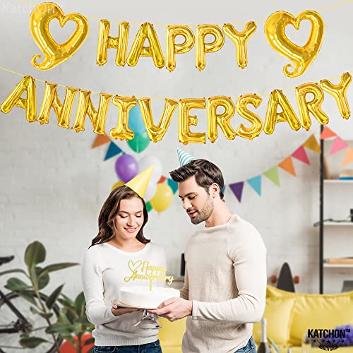Image of Big Gold Happy Anniversary Balloons Letters - 18 Inch | Happy Anniversary Decorations Banner | Gold Heart Balloons Banner Backdrop, Gold Balloon for Party Decorations, KatchOn