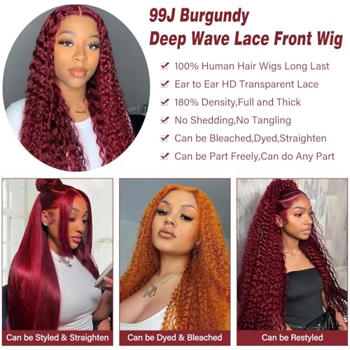 Image of Nsvnsv 30 Inch Burgundy Wig Human Hair 99j Burgundy13x6 Deep Wave Lace Front Wigs Human Hair Pre Plucked 180% Density HD Transparent Lace Frontal Wigs for Black Women Red Colored Wig