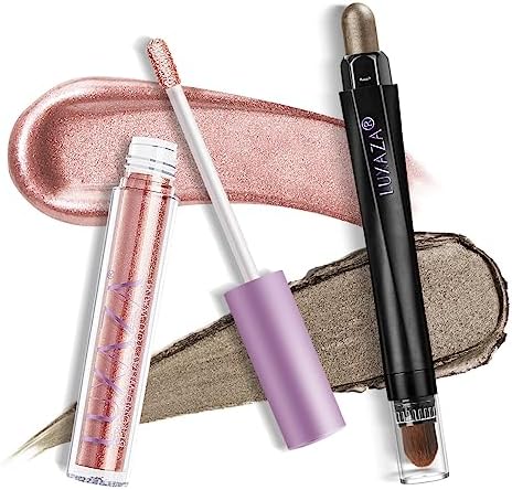 LUXAZA 2Pcs Cream Eyeshadow Stick and Liquid Eyeshaow Set,Champagne Pink Shimmer & Metallic Glitter Eyeshadow,Brown Eyeshadow Pencil Crayon,Long Lasting Liquid Eye Makeup,Quick-Drying Sparkling Eye Shadow Glitter Makeup Kit #003