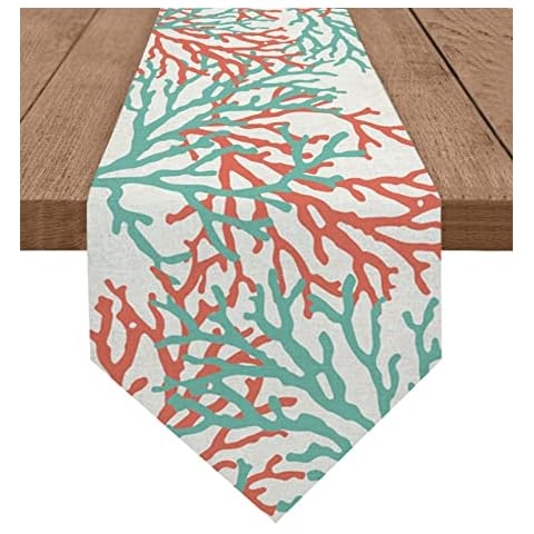 Falaniique Coral Table Runner 108 Inches Long Cotton Linen Tablerunner Summer Beach Sea Vintage Ocean Nautical Burlap Table Setting Decor Farmhouse Tabletop Dresser Scarves for Kitchen Dinner Party Cover