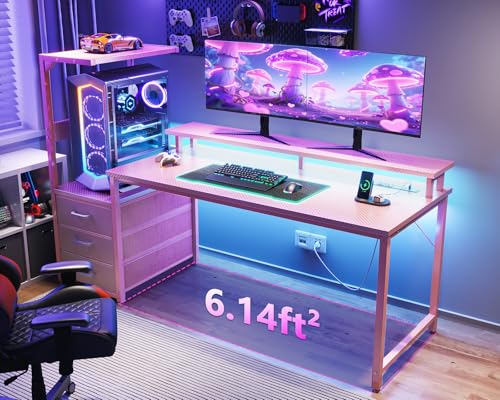 Image of AODK 59 Inch Gaming Desk with USB Charging Ports & LED Light- Reversible Computer Desk with Storage Shelves & Monitor Stand, Modern Gamer Desk Table with Fabric Drawers, Pink