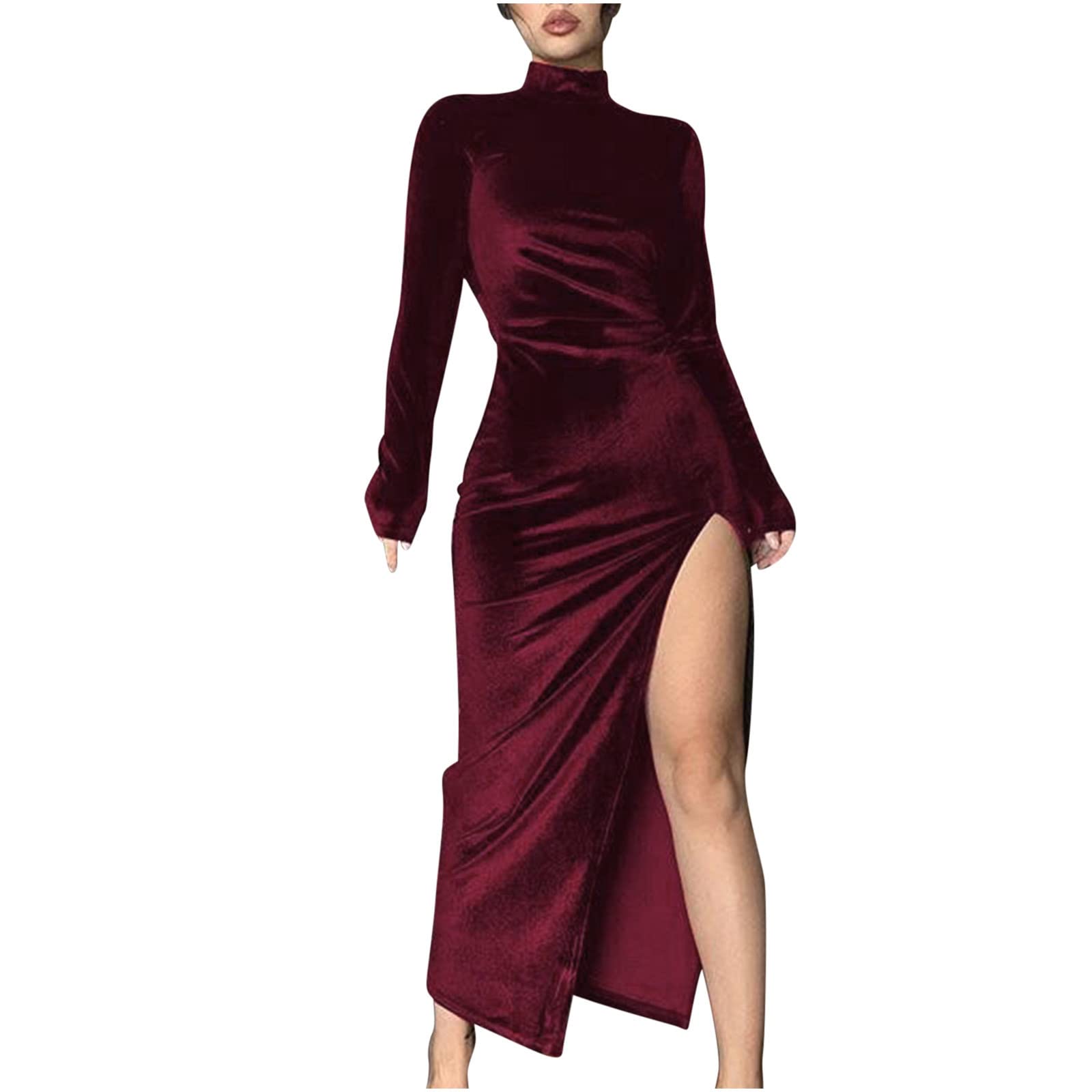 Robe vintage en velours avec col en V et col roulé - Manches longues - Robe de soirée moulante - Robe de bal élégante et rétro, 1056-vin, M