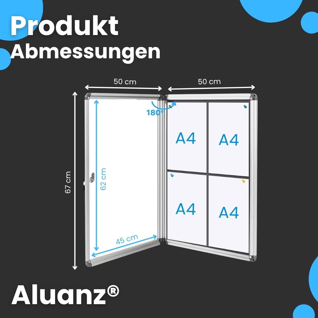 Schaukasten DIN 4 x A4 - Infokasten mit Magnetischer Whiteboard-Rückwand, Notiztafel, Abschließbarer Plakatschaukasten mit Schloss für Büro, Schule, Hotel - Wand-Montage - 50 x 67 x 3 cm