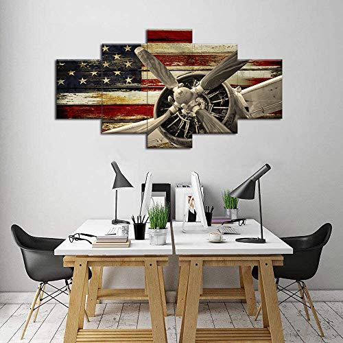 Viivei Vintage American Us Usa Flag Fighter Bomber Head Propelle Canvas Wall Art Prints Retro Warplanes Home Decor Pictures 5 Panel Poster Military Aircraft Painting Framed Ready To Hang (60" Wx32 H) #TOP3