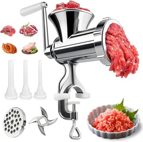 Manual Meat Mincer and Sausage Stuffer with Clamp - Hand Operated Multi-Purpose Meat Mincer, Veggies, Noodles, Home Use, Easy to Clean, 11 x 10.4 x 4.3 Inch