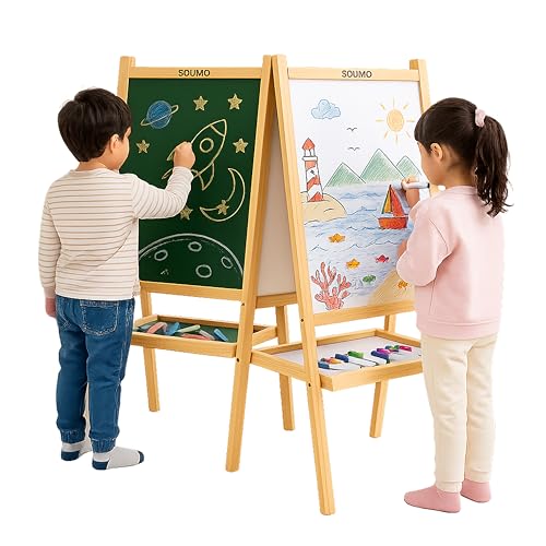 Image of Amazon Brand - Solimo 2 in 1 Double Sided Wooden Easel Stand, Whiteboard and Chalkboard, A-Type Foldable, 80 cm x 40 cm, with Tray, for Kids (Kids (Ages 0 to 12 Years), Pack of 1 Item)