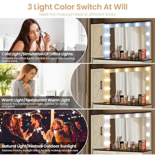 Vanity with Lighted Mirror - Farmhouse Makeup Vanity Desk with 4 Drawers, 1 Cabinet and Power Outlet, 3 Color Lighting Modes Adjustable Brightness