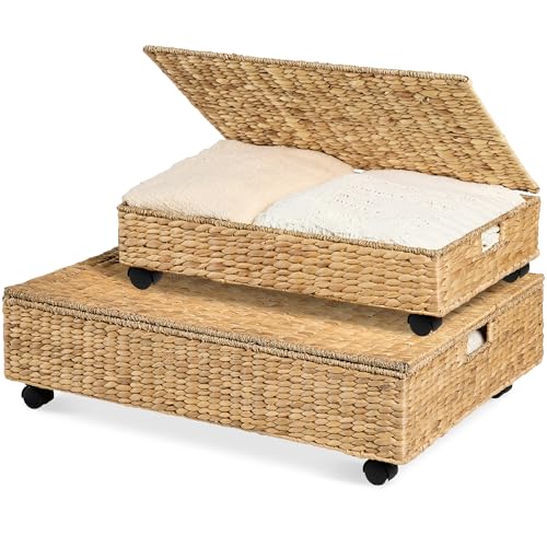 Best Choice Products Under Bed Storage Containers W/Lid, Wheels and Handles, 2-Pack Large Handwoven Water Hyacinth Closet Organizer, Shoe Storage Bins, Multi-Purpose Nesting Baskets - Natural