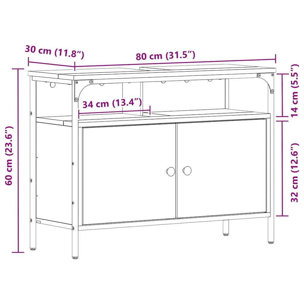 Mobile lavabo in rovere Artisan con telaio in acciaio 80 x 30 x 60 cm, 2 ante portaoggetti, mobile per bagno ospiti WC salvaspazio e funzionale