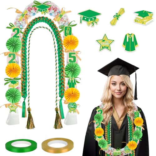 CORNER LACE 77PCS Graduation Leis Kit Hawaiian Congrats Grad Candy Making Leis Ribbon Lei Including Honor Cord Decoration Cards Paper, Grad Gift Party Favors for Class of 2025 Student (Green Gold)