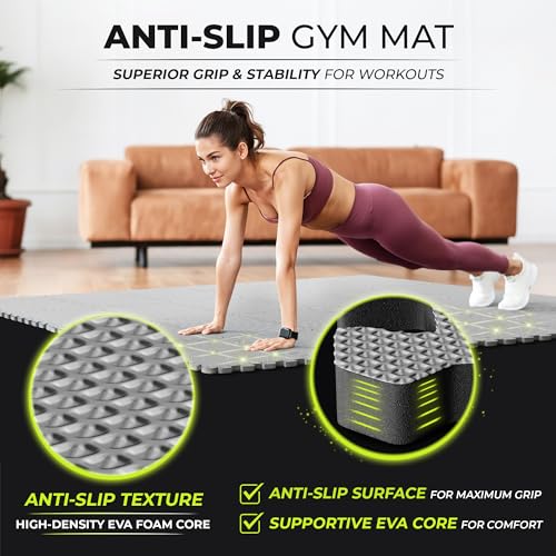 Image of bemaxx Gym Mats Set - 18 pcs EVA Interlocking Foam Floor Tiles (12.6 inchx12.6 inchx0.4 inch) 18sqft Protective Gym Flooring Sports Home Workout Exercise Mats Puzzle Garage Fitness Play-Room Pool Treadmill Bike