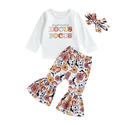 Hnyenmcko Baby Girl Halloween Outfit Long Sleeve Letter Print Tops Pumpkin Flared Pants Headband Set 3Pcs Fall Clothes (A-White, 2-3 Years)