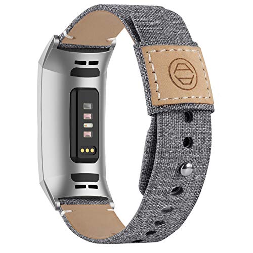 Adepoy Sport bands Compatible with charge 3/charge 4 strap, Classic Fabric Genuine Leather Strap with Snap Buckle for Fitbit Charge 3/Charge 4 and Charge 3 SE Fitness Activity Tracker