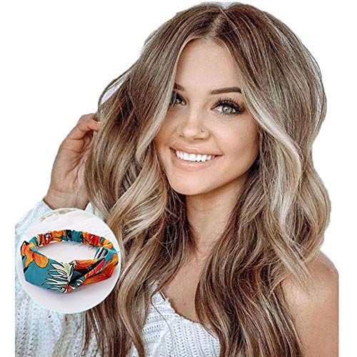 SSZLU Long Curly Wavy Wig Ombre Blonde to Brown Wigs Heat Resistant Synthetic Fiber Party Daily Use Hair for Women (1x Wig + 1x Hairband)