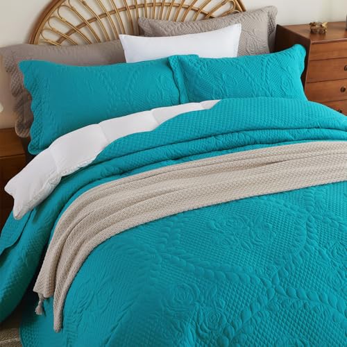 Image of EVENHUG Oversized King Bedspreads California King Quilt Set with Pillow Shams Extra Wide Large King Size Quilts Lightweight Coverlet Bedding Sets Teal Blue 120 inchx120 inch