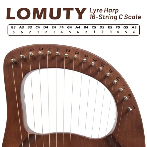 LOMUTY Lyre Harfe, Kleine Harfe Instrument, 16 Saiten Lyre Harfe, Mahagoni-Laugenharfe mit Metall Saiten Tragbare Harfe im Antiken Stil mit Stimmschlüssel und Tragetasche, Dunkelbraun, Plankton