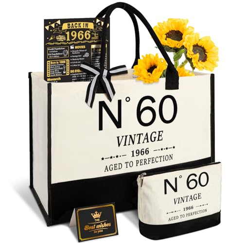 Amosking 60th Birthday Gifts for Women Canvas Tote Bag Travel Gear, Unique 60 Years Old Gifts for Wife Sister Mum Aunt Friends Her, Vintage N°60 Handbag & Cosmetic Bag & Back in 1966 Poster