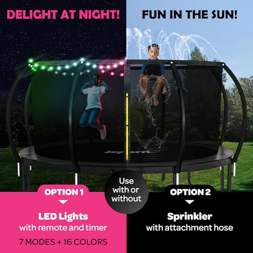 Image of JoyBerri Upsurge Trampoline Outdoor - ASTM Certified Safe 8Ft 10Ft 12Ft 14Ft 15Ft 16Ft Recreational Trampoline for Kids and Adults. Anti-Rust Coating with Enclosure Net, Ladder, Sprinkler & LED Lights